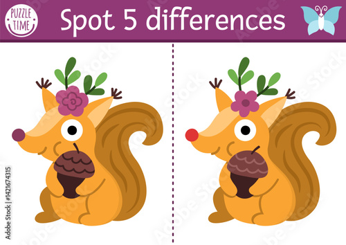 Find differences game for children. Fairyland educational activity with cute squirrel with acorn and flowers. Magic forest puzzle for kids. Fairytale printable worksheet, page woodland animal