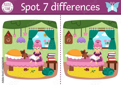 Find differences game for children. Fairyland educational activity. Landscape with flower fairy reading in cozy bedroom in tree house. Magic forest puzzle for kids. Fairytale printable worksheet