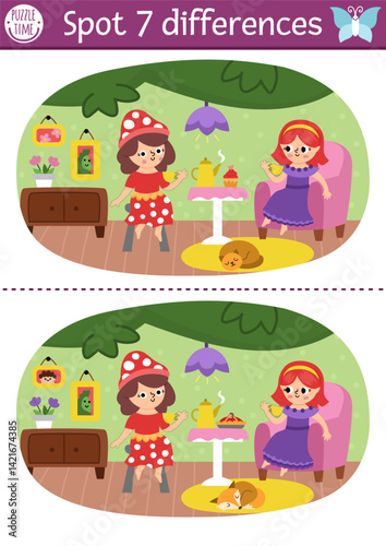 Find differences game for children. Fairyland educational activity. Landscape with fairies drinking tea in cozy room in tree house. Magic forest puzzle for kids. Fairytale printable worksheet