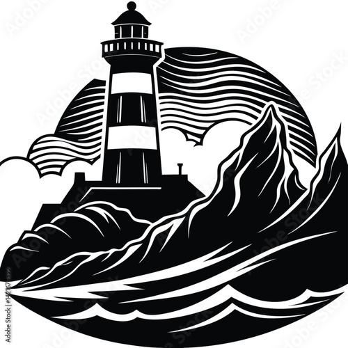 Black and White Lighthouse Vector Illustration: Coastal Beacon on Rocky Shoreline, Nautical Symbol, Graphic Design Element