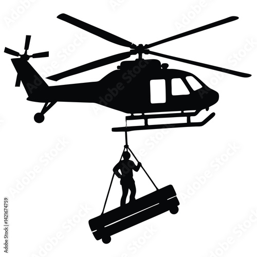 Silhouette of Helicopter Lifting Person on Platform: Aerial Rescue, Construction, Transportation Vector Graphic