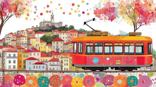 Colorful vintage tram passes through a whimsical portuguese cityscape