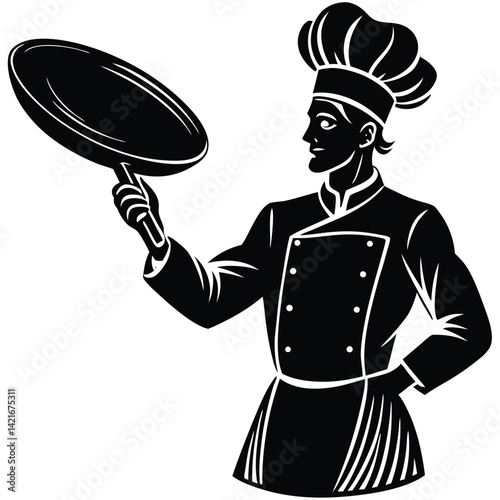 Chef Spinning Frying Pan Vector Illustration: Culinary Arts, Cooking Skills, Restaurant Logo, Food Preparation, Black and White Graphic