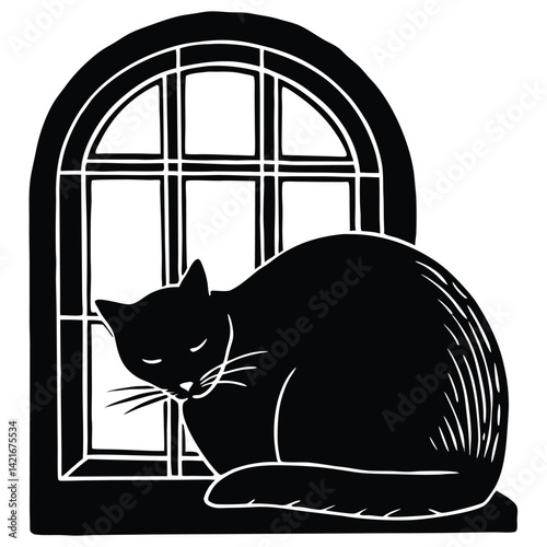 Black Cat Sleeping on Window Sill Woodcut Illustration | Vintage Style Feline Art Print | Cozy Home Decor Animal Artwork