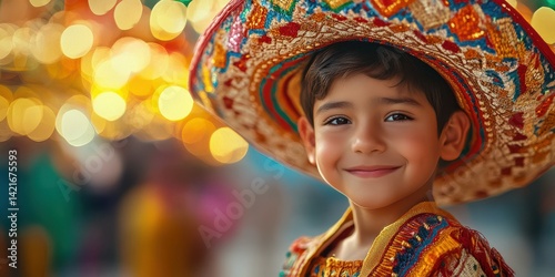 Young boy in traditional colorful attire with a vibrant sombrero smiling brightly during a festive celebration at sunset