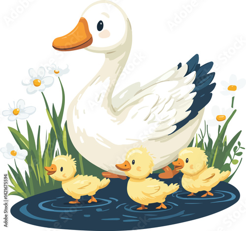  Mother Goose and Goslings by Water