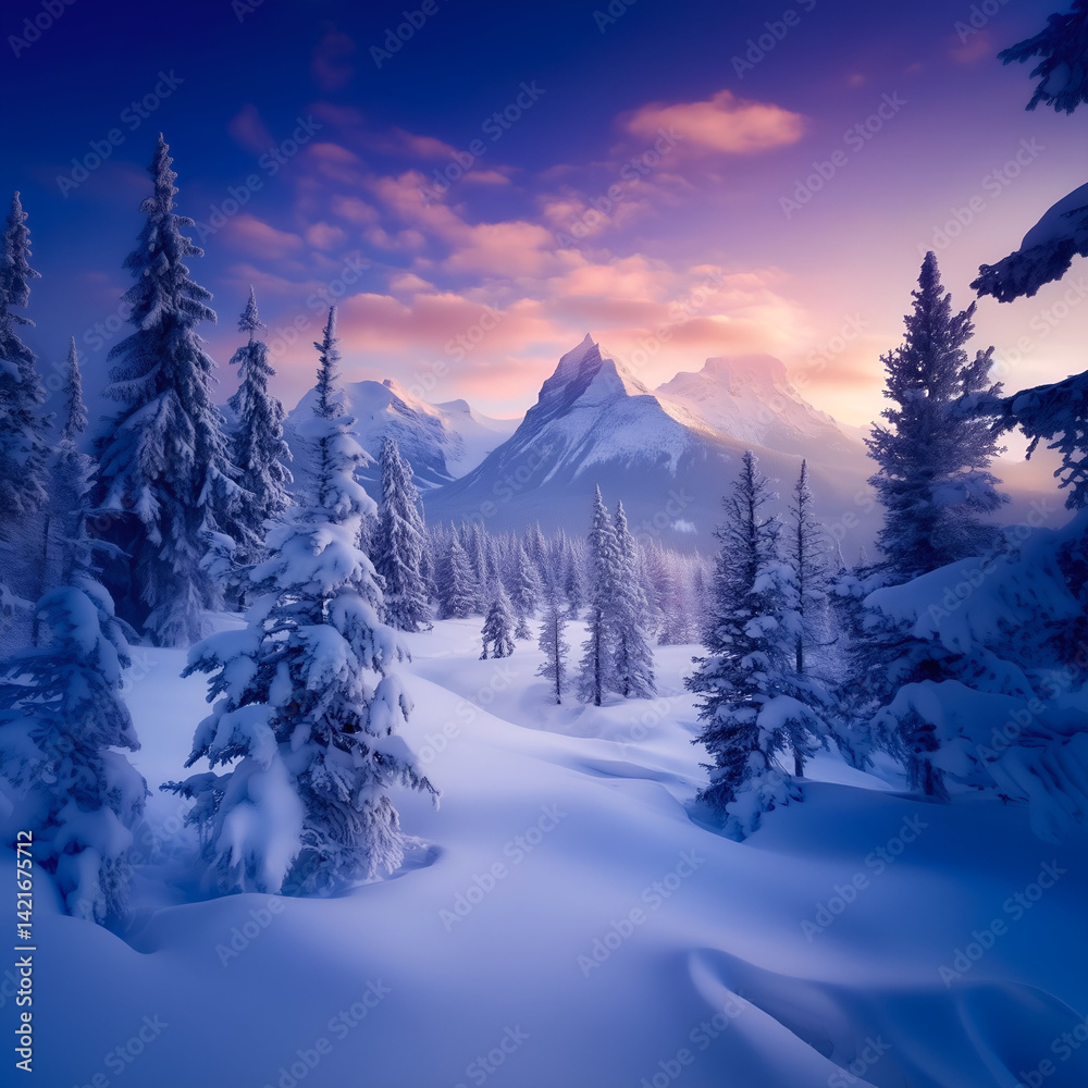 Obraz premium Dreamy Snowy Mountain Forest at Sunset – Magical Alpine Winter Wonderland