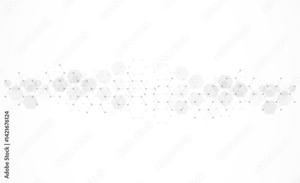 Hexagons pattern on gray background. Genetic research, molecular structure. Chemical engineering. Concept of innovation technology. Used for design healthcare, science and medicine background