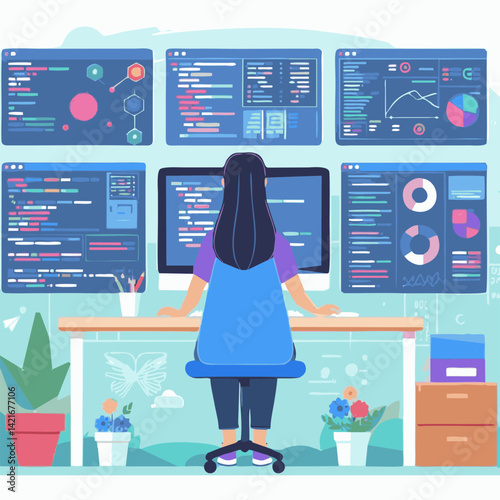 Flat vector of a male programmer working in front of multiple screens showing code and data. Clean, minimal design. Ideal for tech, innovation, and AI-related content.