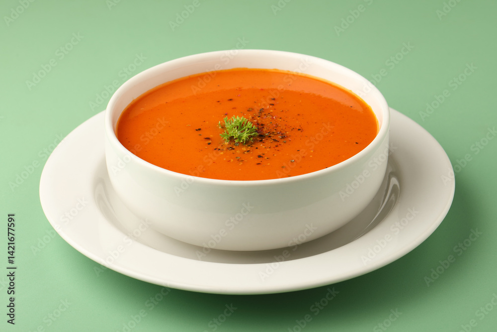 bowl of tomato soup with parsley on green background