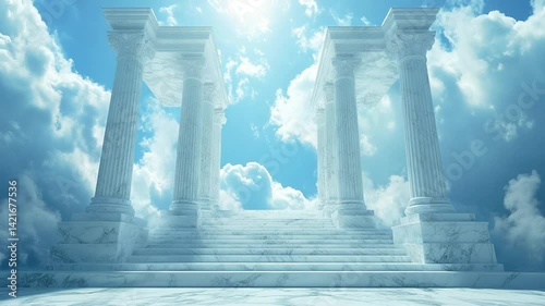 Abstract staircase with columns reaching into fluffy white clouds and blue sky