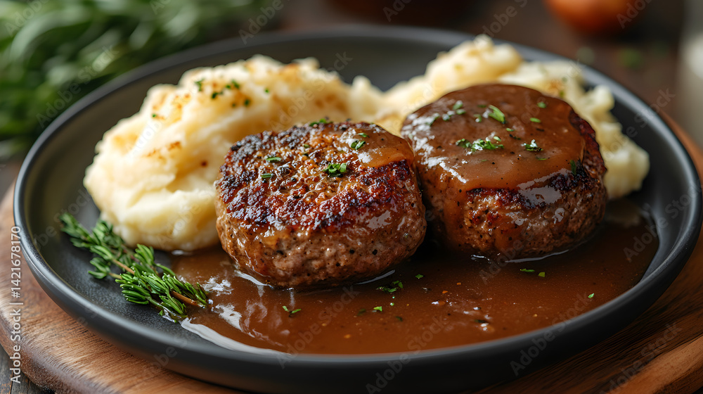 Salisbury steak with brown gravy and mashed potatoes on a plate Salisbury steak with brown gravy and mashed potatoes on a plate