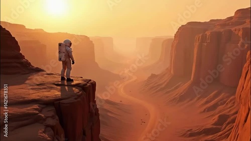 Astronaut standing on cliff edge overlooking vast canyon landscape at sunset, generative AI