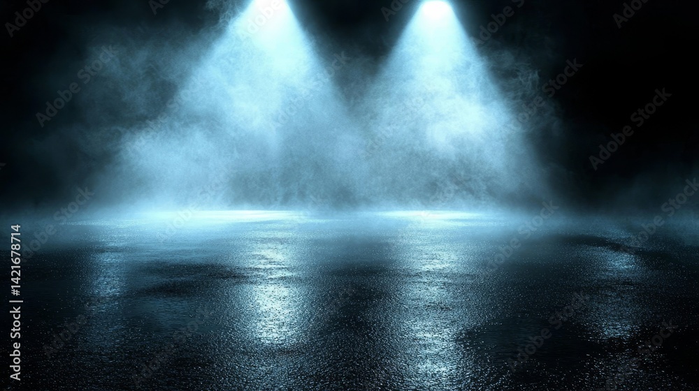Two Spotlights on Wet Floor, smoke , stage