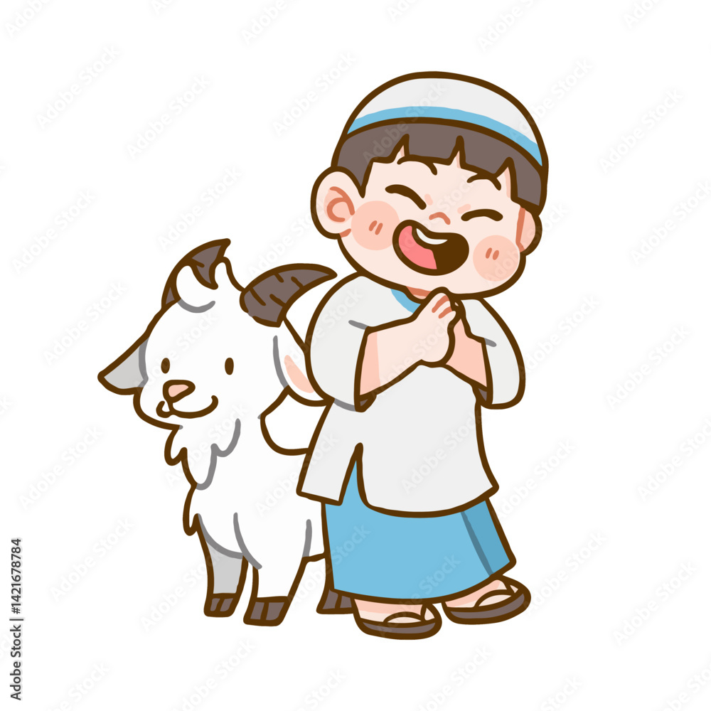 Adorable Kid with Goat Welcoming Blessed Eid al-Adha Adorable Kid with Goat Welcoming Blessed Eid al-Adha