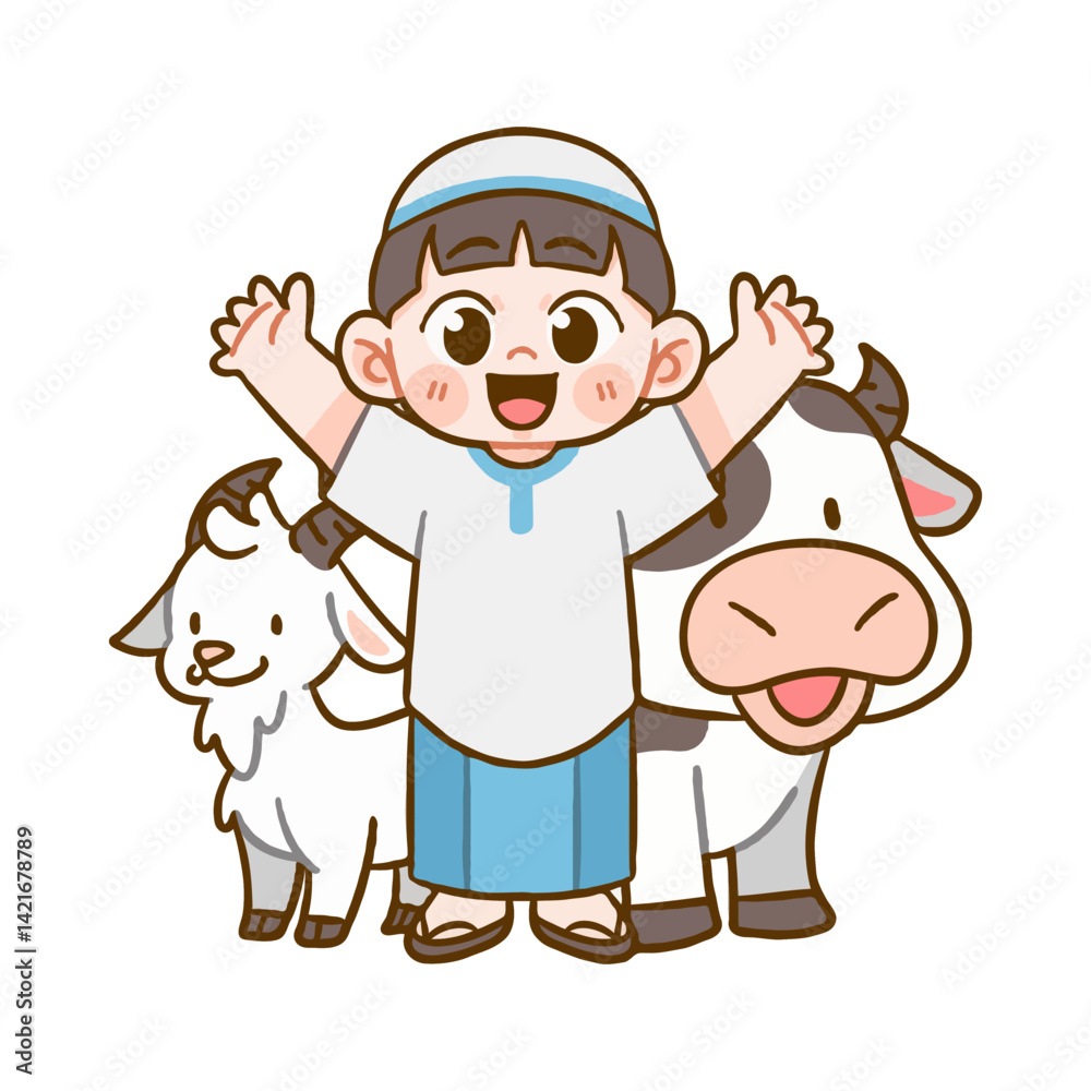 Cute Boy in Kufi Joyfully Celebrating Eid with Goat and Cow Cute Boy in Kufi Joyfully Celebrating Eid with Goat and Cow