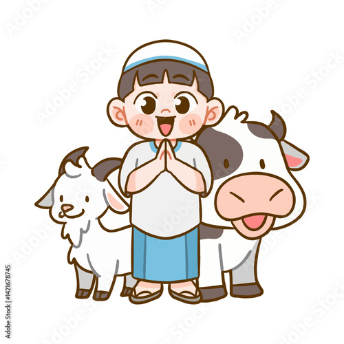 Happy Little Boy Praying with Goat & Cow Welcoming Blessed Eid