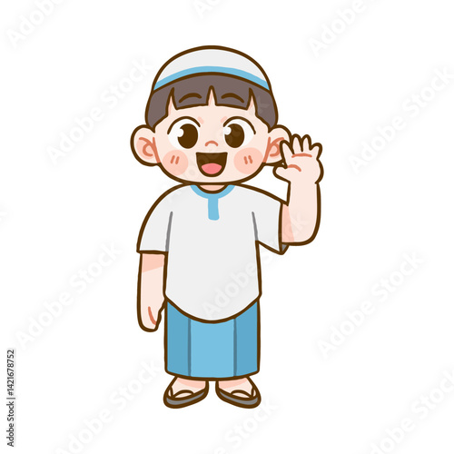 Cute Moslem Boy Waving Hello for Eid al-Adha Greetings