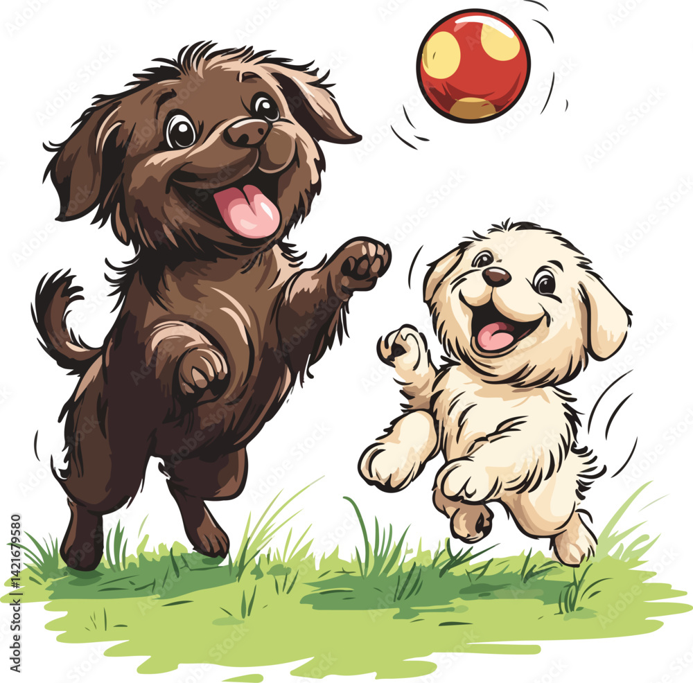 Fototapeta premium Mother Dog and Puppy Playing with Ball