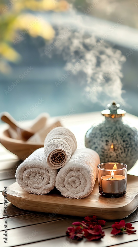 Obraz premium Relaxing spa setting with towels and candle.