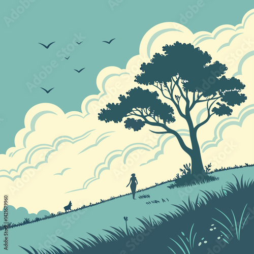 Woman walking dog, nature landscape illustration