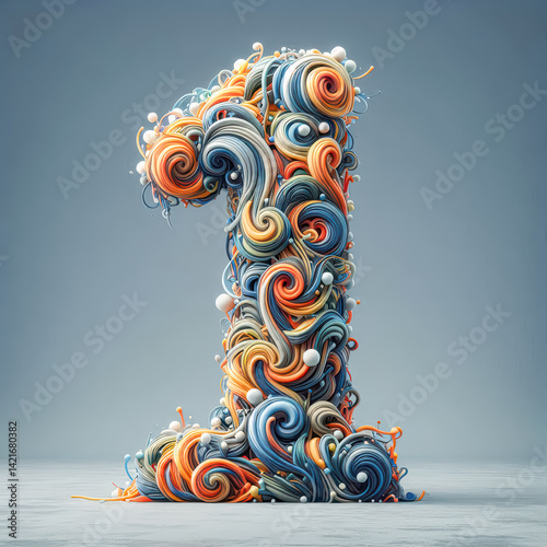 Colorful abstract design featuring a large number one made of swirling patterns and vibrant hues in a minimalist setting