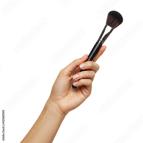 Female hand holding makeup brush isolated on transparent background