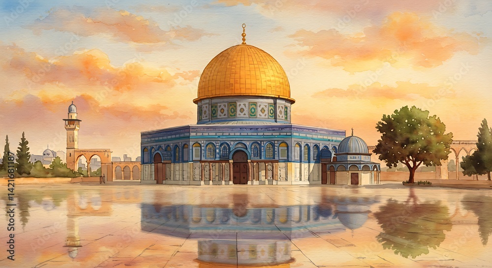 Obraz premium Golden Dome Reflecting in Calm Waters, Middle Eastern Architecture at Sunset.