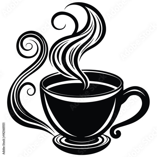 Black and White Coffee Cup Illustration: Steaming Hot Drink, Decorative Swirls, Vector Art, Coffee Shop Logo, Cafe Design Element