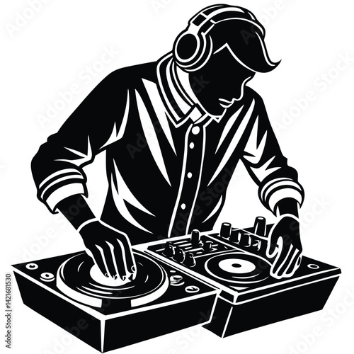 Black and White Vector Illustration of a DJ Mixing Music on Turntables with Headphones - Graphic Design for Music Events