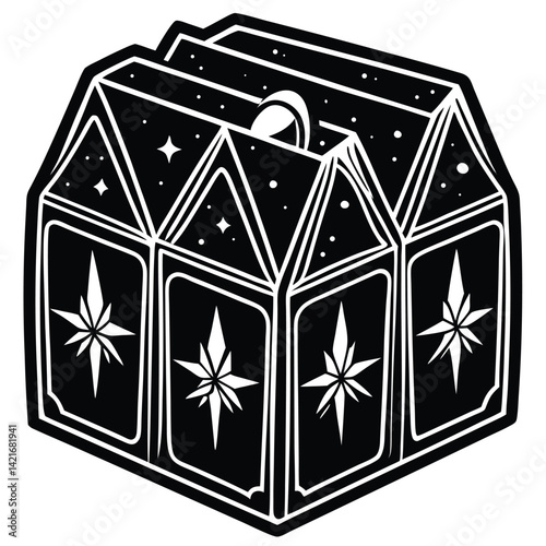 Black and White Tarot Card Box Illustration: Mystical Card Deck Storage with Stars and Geometric Design, Esoteric Art Print Graphic