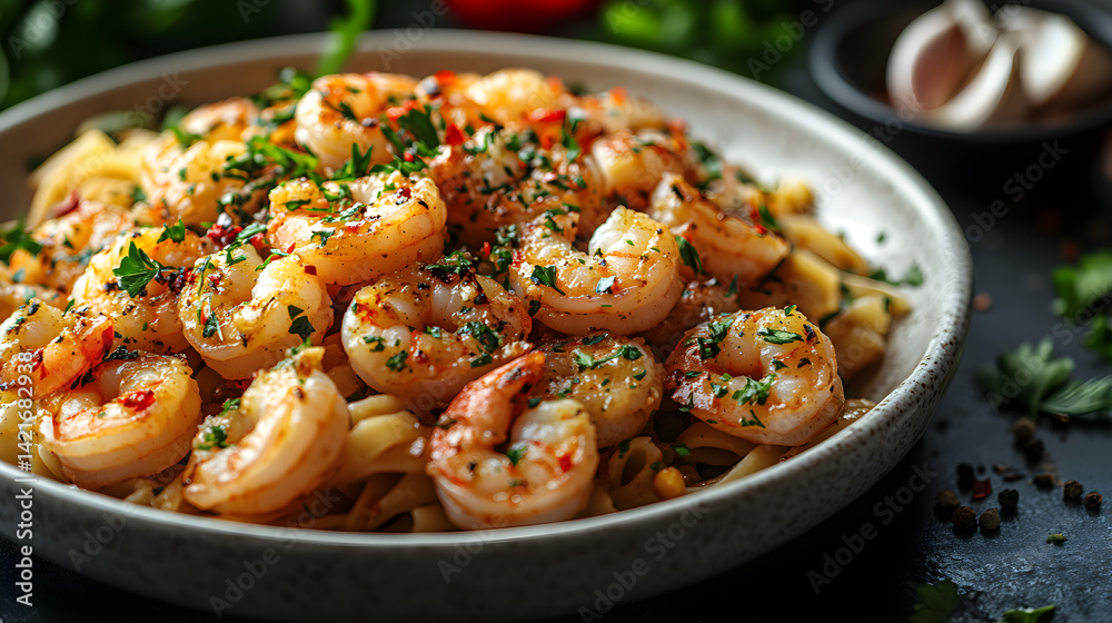 Shrimp scampi with garlic, butter, and pasta served on a white plate