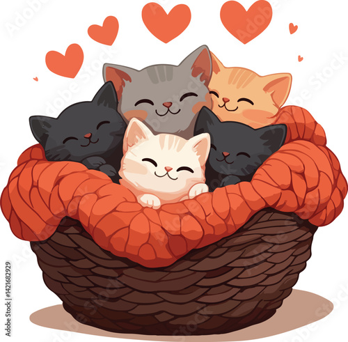  Mother Cat with Three Kittens in a Wicker Basket