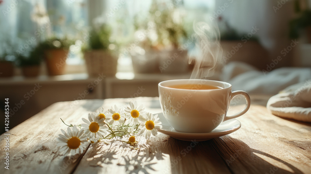 Steaming cup of tea on rustic wooden table, surrounded by fresh chamomile flowers Steaming cup of tea on rustic wooden table, surrounded by fresh chamomile flowers