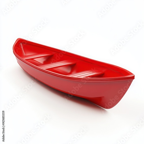 A bright red plastic rowboat sitting on a white surface in studio lighting