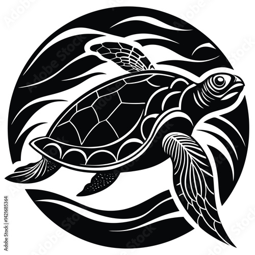 Black and White Sea Turtle Swimming in Waves Vector Illustration Design