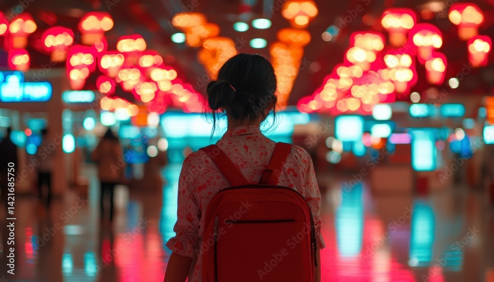 Naklejka premium Person walking in vibrant airport