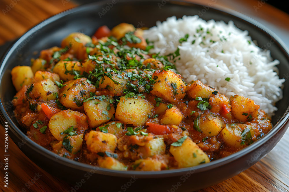 Spicy aloo gobi served with a side of fluffy basmati rice Spicy aloo gobi served with a side of fluffy basmati rice