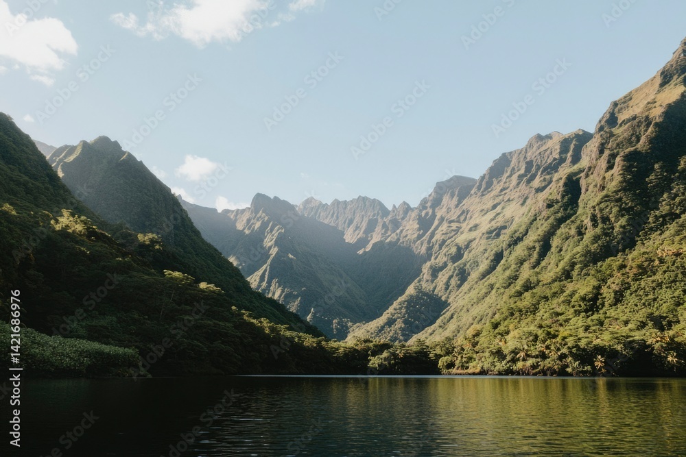 Fototapeta premium Lush valley, serene lake, mountains