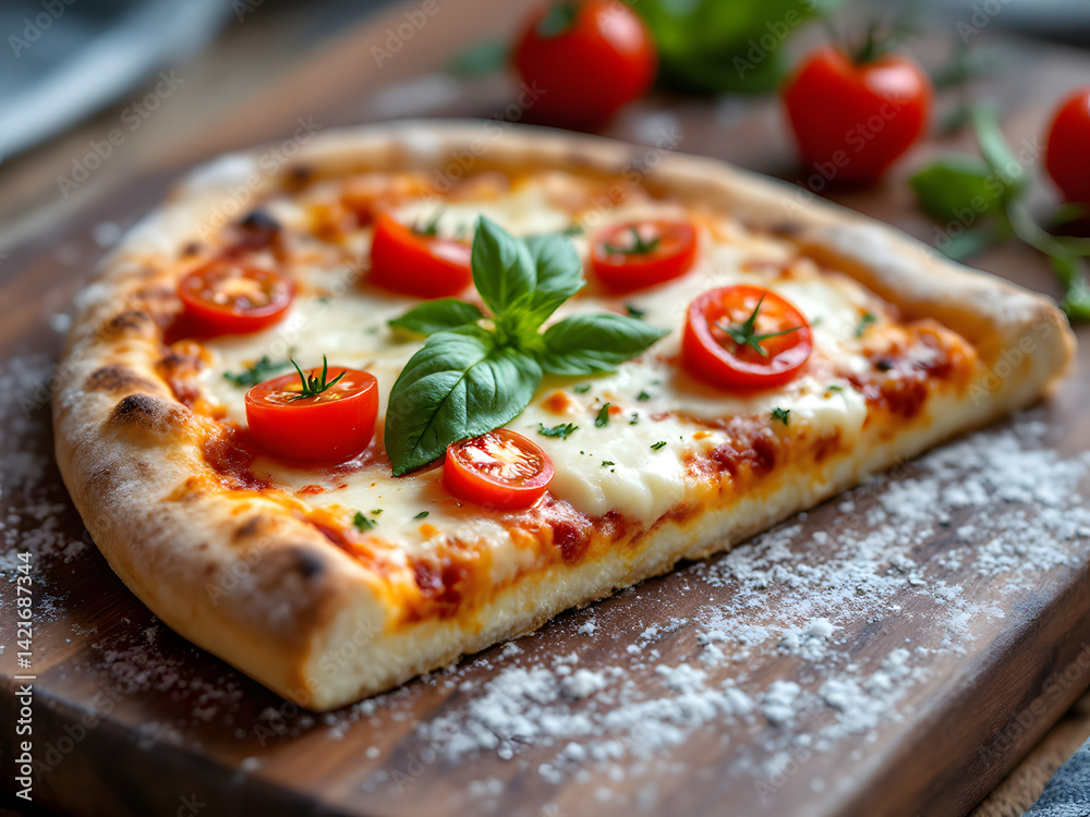 Delicious pizza slice with tomatoes and basil on a rustic wooden board Delicious pizza slice with tomatoes and basil on a rustic wooden board