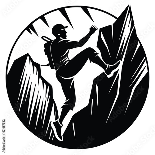 Mountain Climber Silhouette Vector: Rock Climbing Adventure Illustration, Outdoor Sport Graphic, Peak Challenge Design