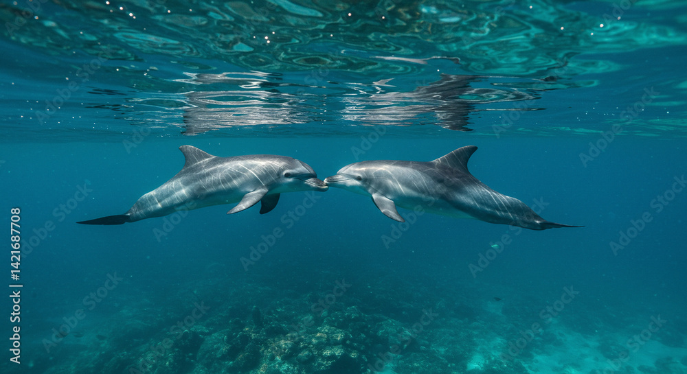 Fototapeta premium Two Dolphins Nuzzling Underwater in Turquoise Ocean Water