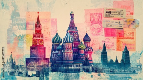 Artistic rendition of Moscow Russia showcasing historic landmarks and tickets