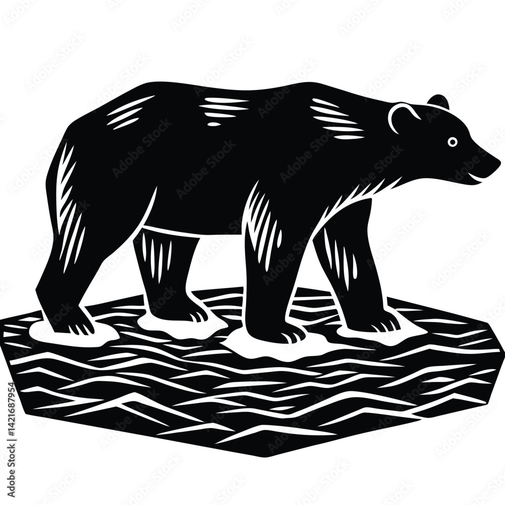 Fototapeta premium Black and White Woodcut Style Illustration of a Polar Bear on Ice Floe, Endangered Species, Arctic Wildlife, Climate Change Awareness Art