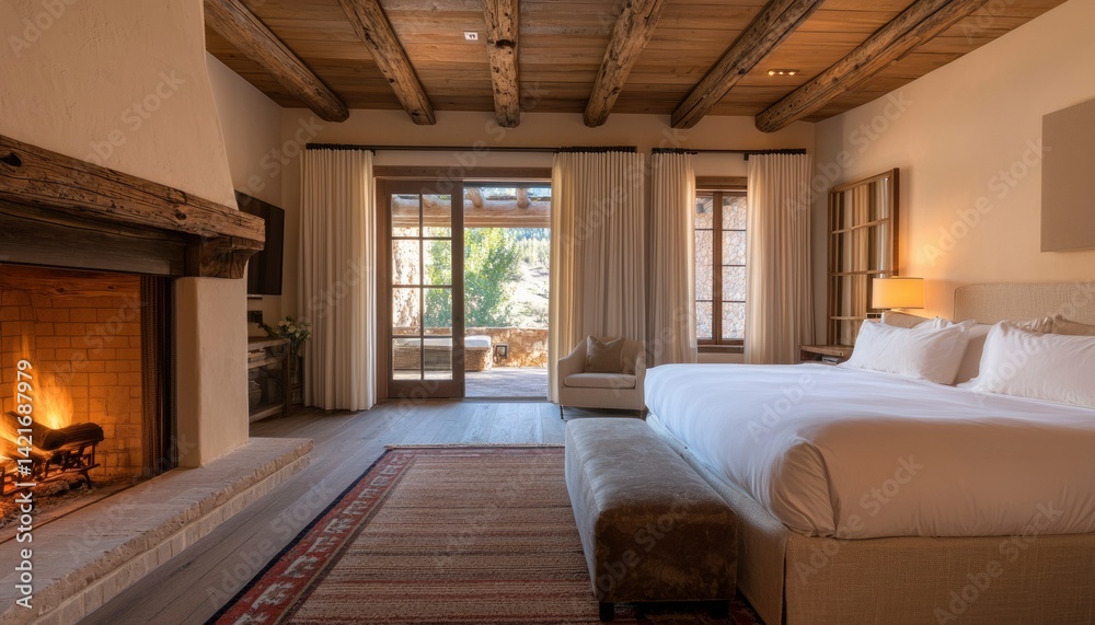 Luxurious bedroom with fireplace and patio views