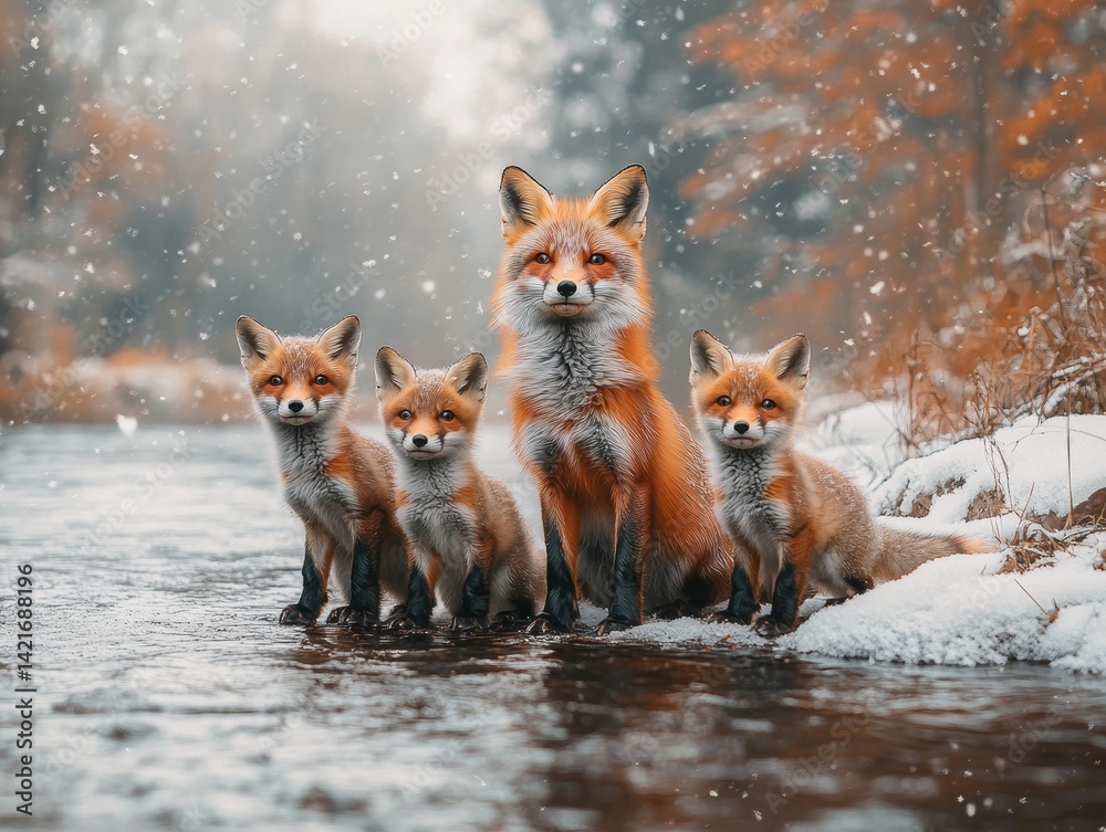 Fototapeta premium Playful young foxes bring a den to life with their energetic frolicking, creating a vibrant wildlife scene