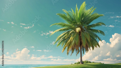 A Beautiful Green Palm Tree Framing a Sunny Beach Scene