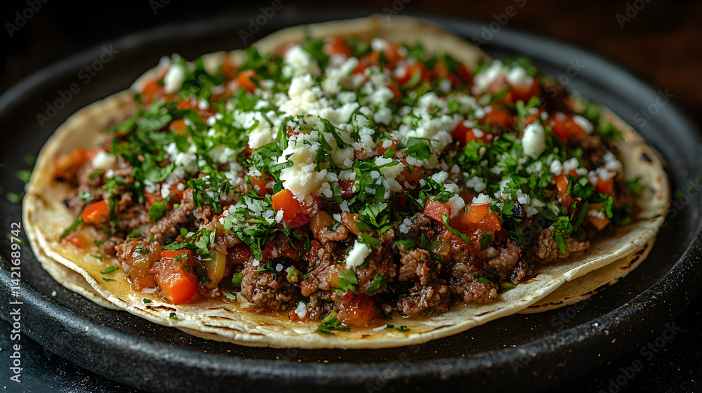 Tacos served on dark grey textured plate with fresh garnish top view Tacos served on dark grey textured plate with fresh garnish top view