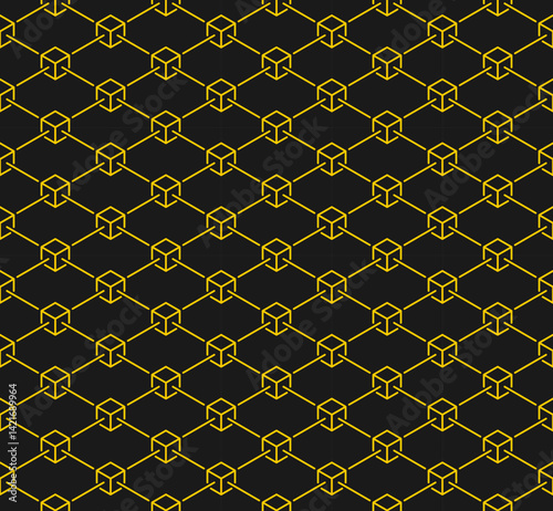 Blockchain structure seamless pattern background with isometric 3D cubes connected with thin lines