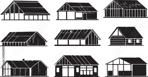Illustration of different roof structures for various buildings, including gable, hip, and other types of roofs.